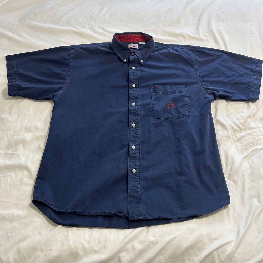 VTG Bugle Boy Company Mens Large Navy Blue Short Sleeve Button Down Shirt Crest
